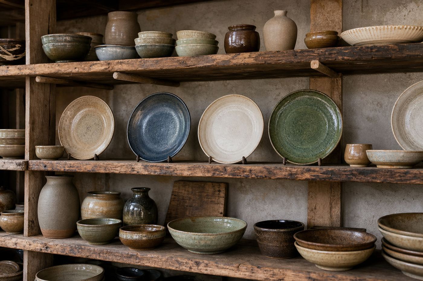 Finished ceramics on a studio shelf