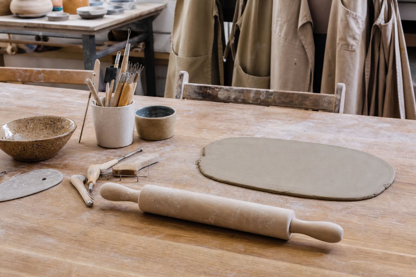 Pottery tools on a workbench